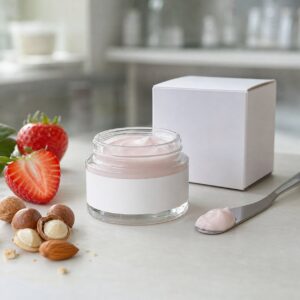 Private label nut strawberry moisturizing face cream jar sample with blank custom logo carton on GUOCUI sample table