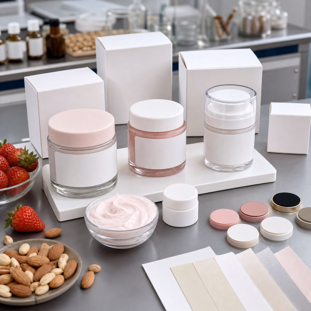 Blank cream jars cartons cap swatches and sample texture options for nut strawberry face cream OEM packaging review