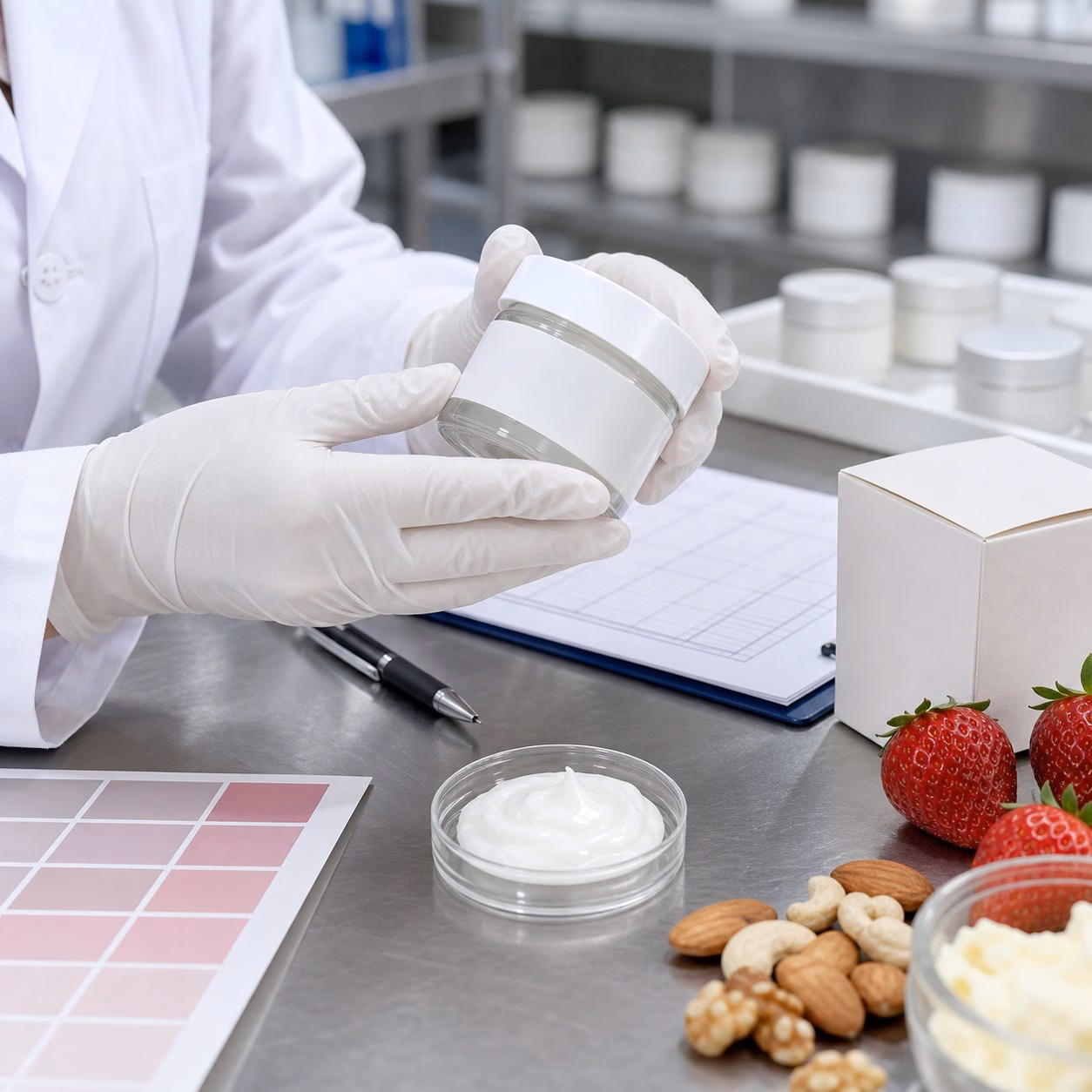 Gloved hands reviewing blank jar and cream texture sample for private label nut strawberry face cream QC check