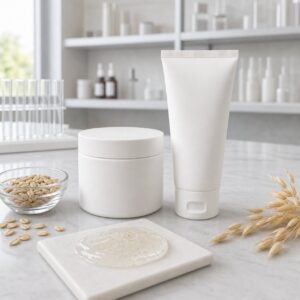 Private Label Oat Soothing Gel Cream blank-label sample bottles carton and texture dish on GUOCUI factory sample table