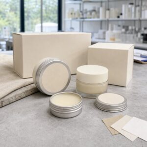Private label solid perfume set with blank tins compact case cartons and balm texture on factory sample table