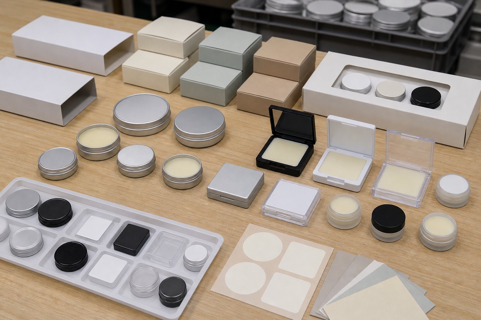 Solid perfume packaging options with blank tins compact cases jars cartons gift sleeve insert tray and label swatches