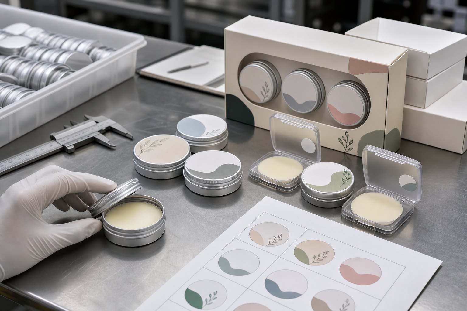 GUOCUI QC sample review for blank-label solid perfume tins compact cases cartons labels and balm texture