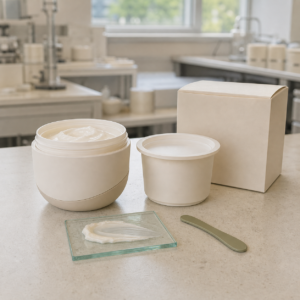 Blank refillable body cream jar outer pack refill pod carton and cream texture on a factory sample table