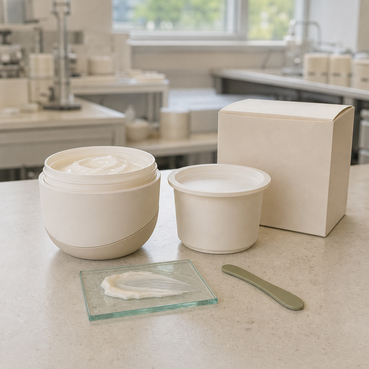 Blank refillable body cream jar outer pack refill pod carton and cream texture on a factory sample table