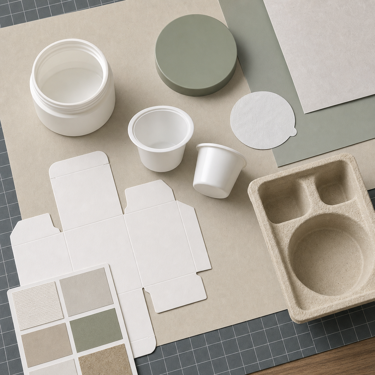 Blank outer cream jar refill pods lid carton dieline and molded tray for custom refillable skincare packaging