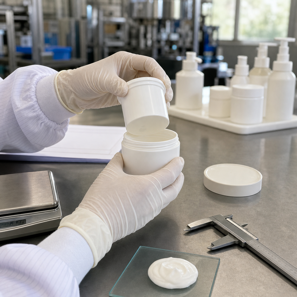 Gloved factory hands checking how a blank body cream refill pod fits into the reusable outer jar