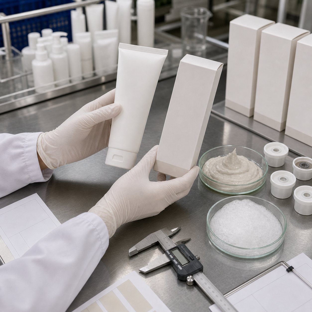 Factory QC sample review for blank label rice clay foam cleanser mask tube carton cap fit clay texture and foam sample