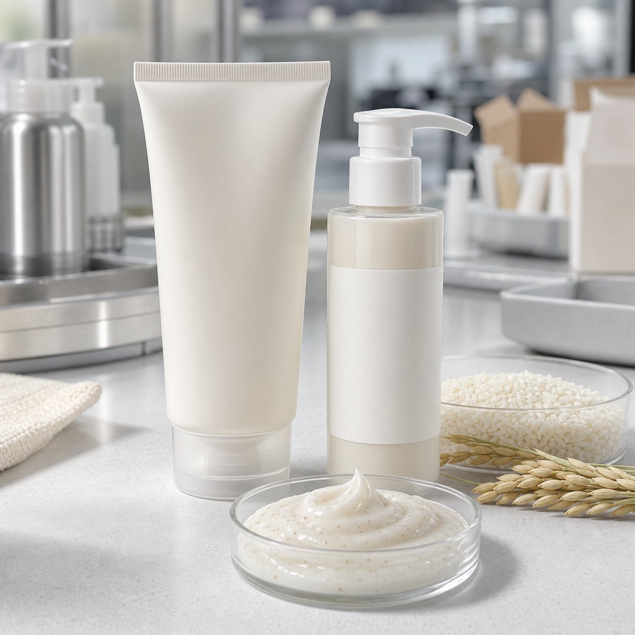 Private label rice mochi creamy facial cleanser blank tube pump bottle and cream texture sample on factory table