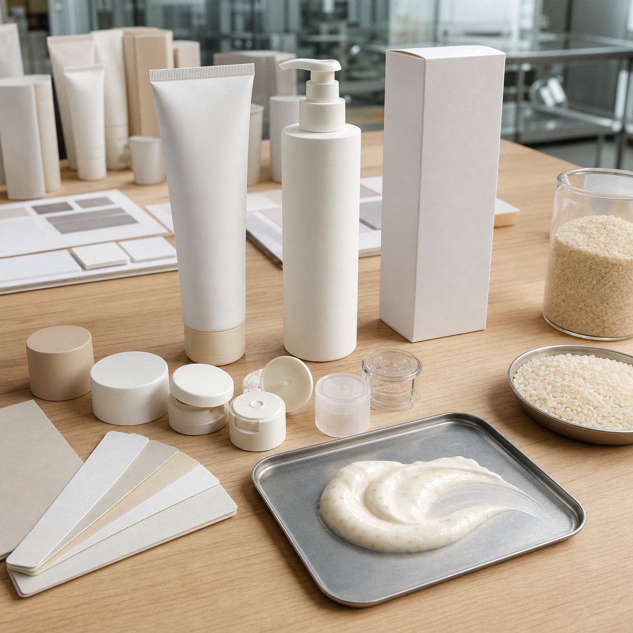Custom packaging options for rice mochi creamy facial cleanser with blank tube pump bottle cartons caps label swatches and cream texture
