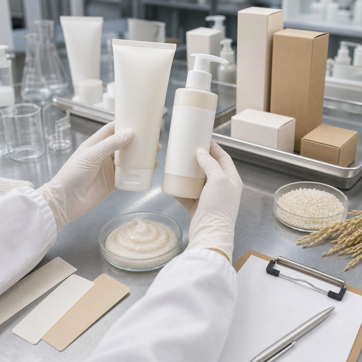 Factory QC sample review for private label rice mochi creamy facial cleanser with blank tube pump bottle texture and cartons