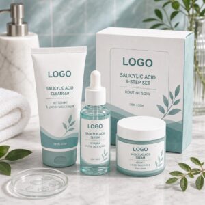 Salicylic acid 3-step skincare set sample with custom logo packaging for OEM buyer review