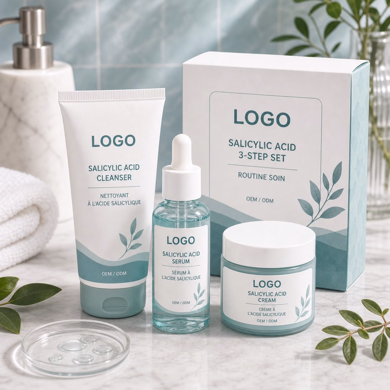 Salicylic acid 3-step skincare set sample with custom logo packaging for OEM buyer review