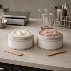Blank body polish and whipped body balm jars on a cosmetics factory sample table for private label salon buyers