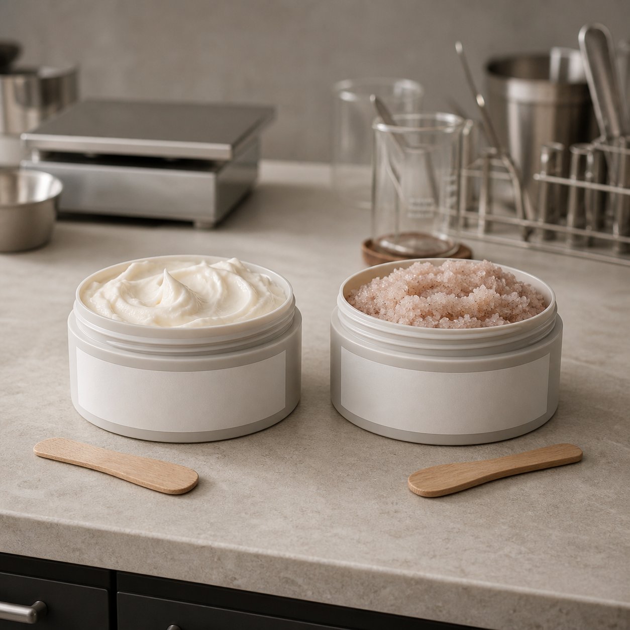 Blank body polish and whipped body balm jars on a cosmetics factory sample table for private label salon buyers