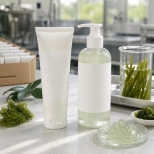 Private label seaweed gel facial cleanser blank tube pump bottle and gel texture sample on skincare factory table