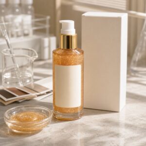 Shimmer Body Oil for Private Label blank-label sample bottles carton and texture dish on GUOCUI factory sample table