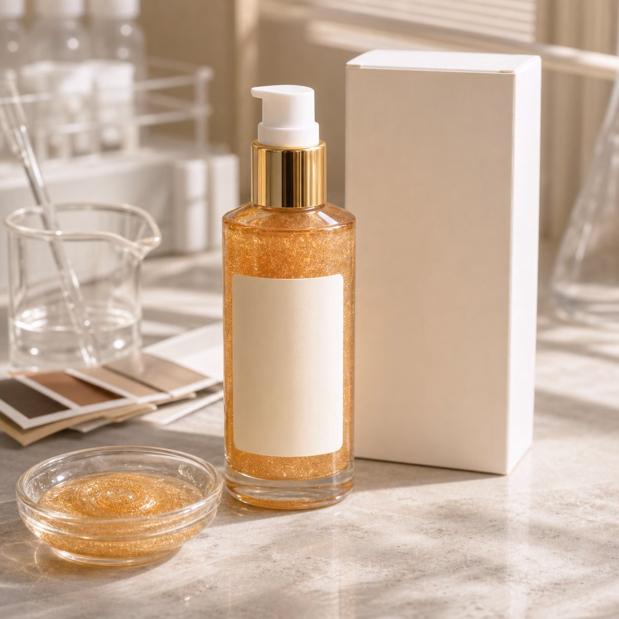 Shimmer Body Oil for Private Label blank-label sample bottles carton and texture dish on GUOCUI factory sample table