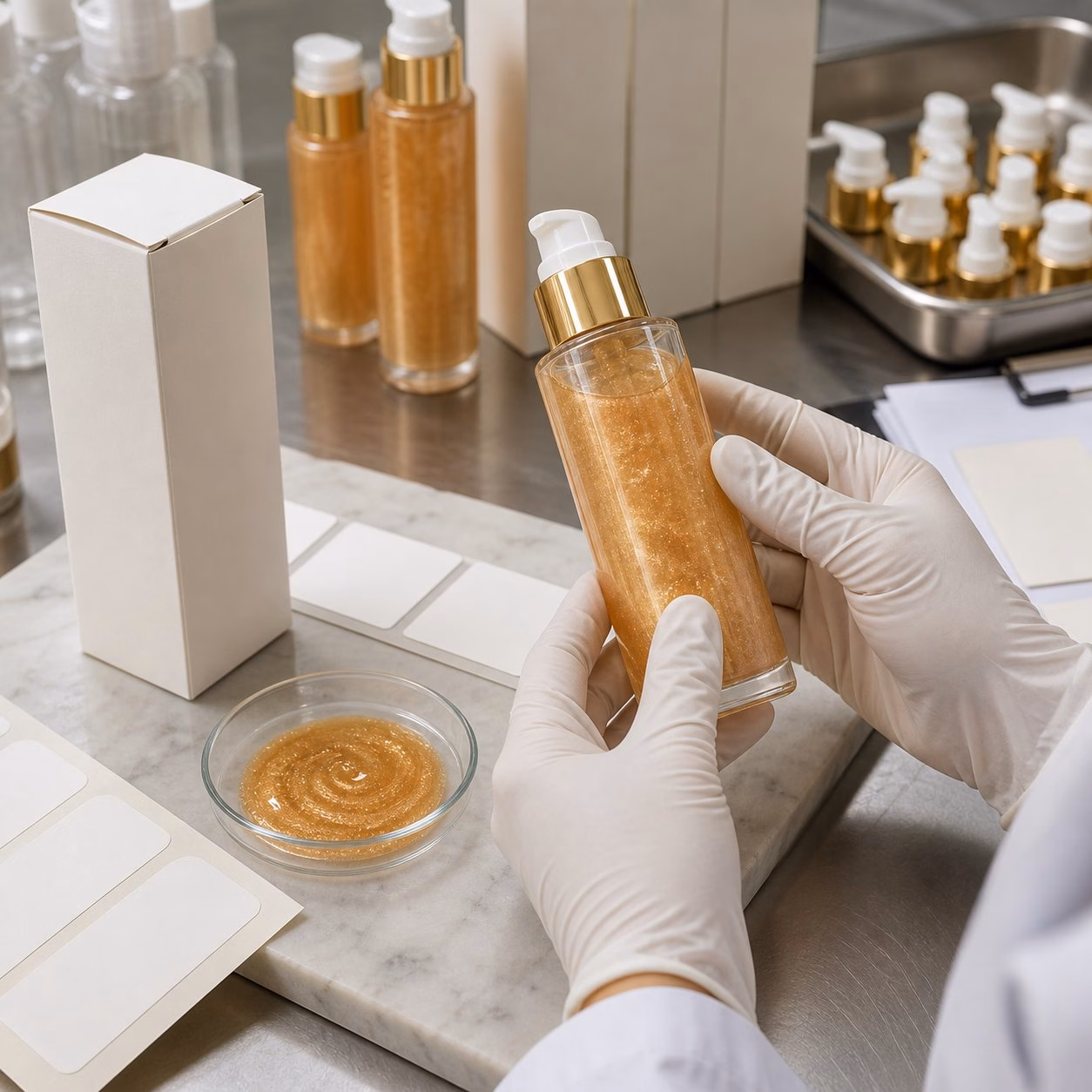 GUOCUI factory QC review for Shimmer Body Oil for Private Label with blank label bottle carton and texture sample