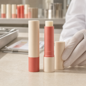 Blank strawberry-positioned lip balm tube samples on a cosmetic factory review table.