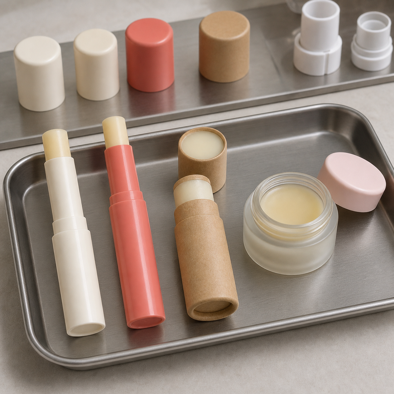 Blank tube, paper tube, jar, cap, and component options for a custom strawberry lip care balm.