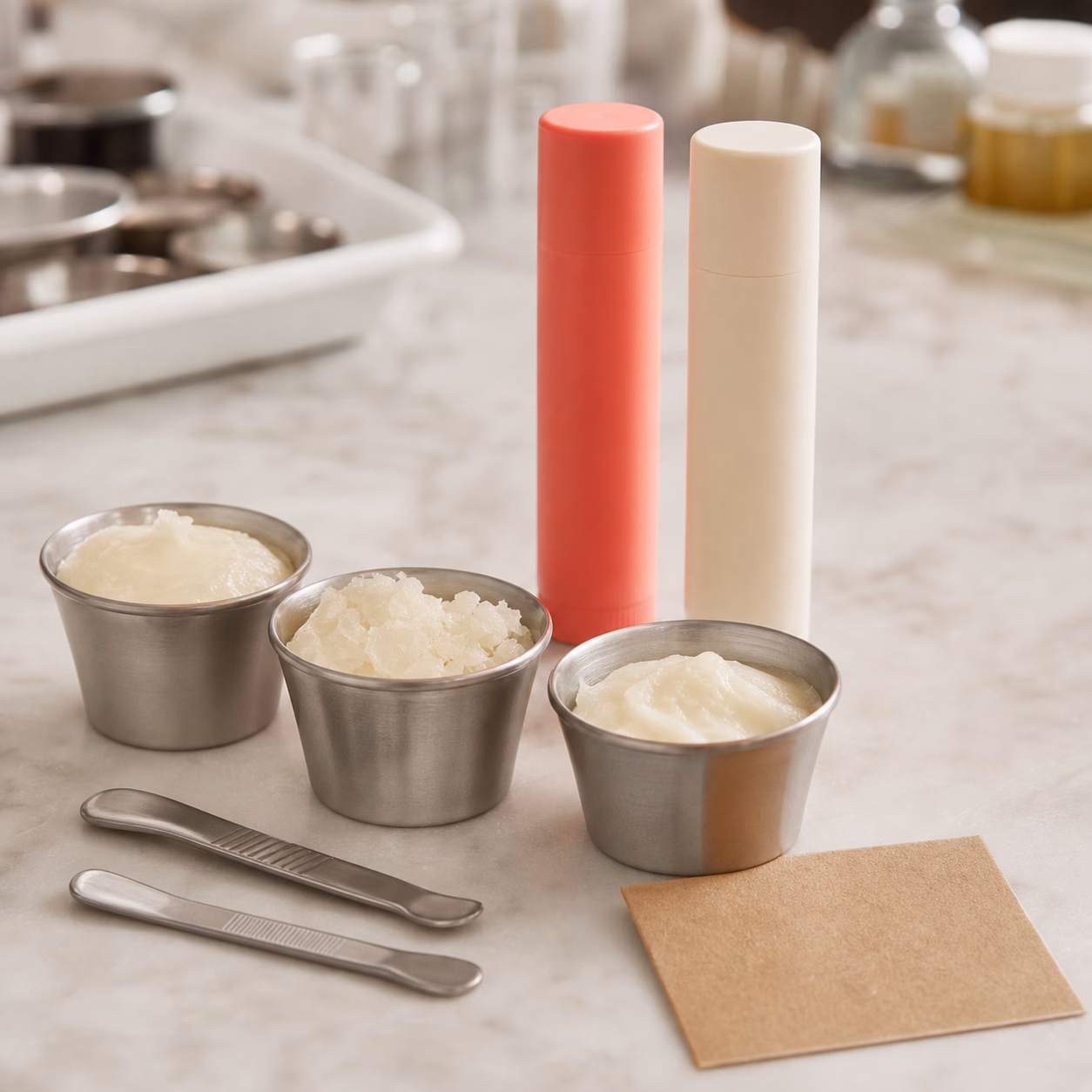 Lip balm wax texture samples and blank tubes for custom formula review.