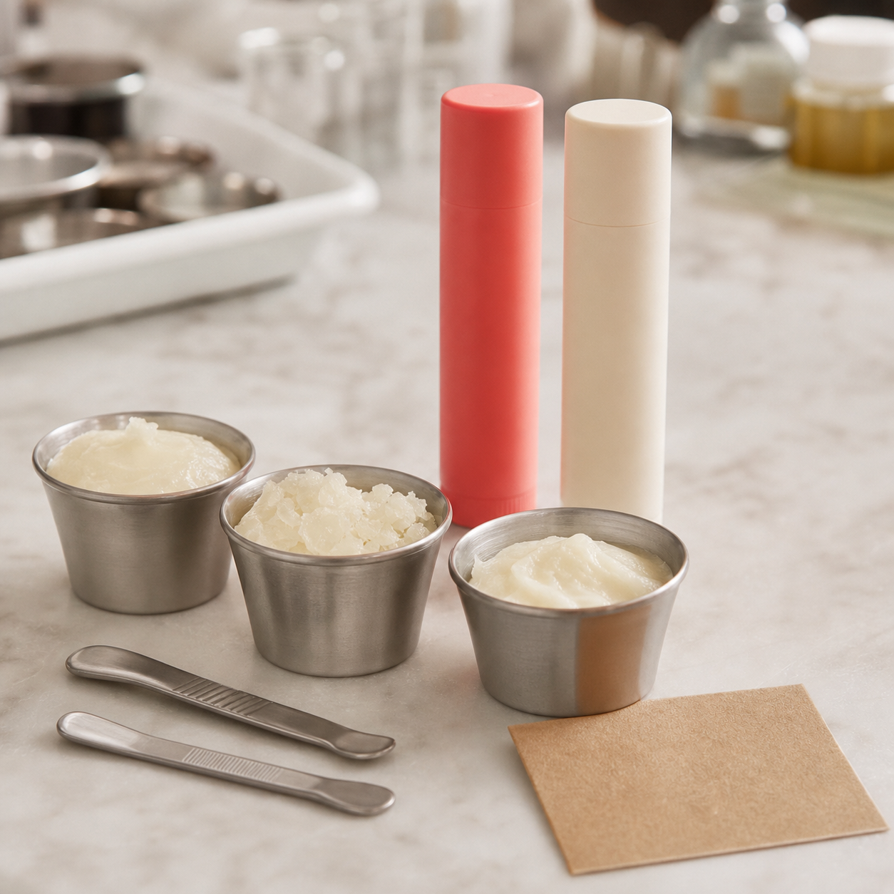 Lip balm wax texture samples and blank tubes for custom formula review.