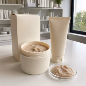 Private label tan prep exfoliating body scrub blank jar tube carton and scrub texture sample for OEM buyers