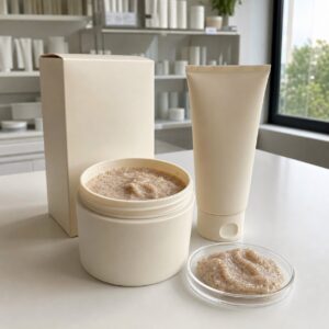Private label tan prep exfoliating body scrub blank jar tube carton and scrub texture sample for OEM buyers