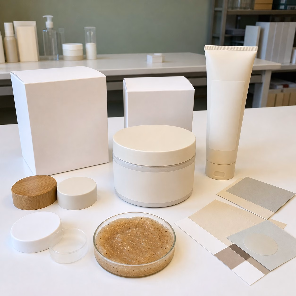 Blank jar tube cartons cap samples label swatches and scrub texture options for tan prep body scrub private label projects