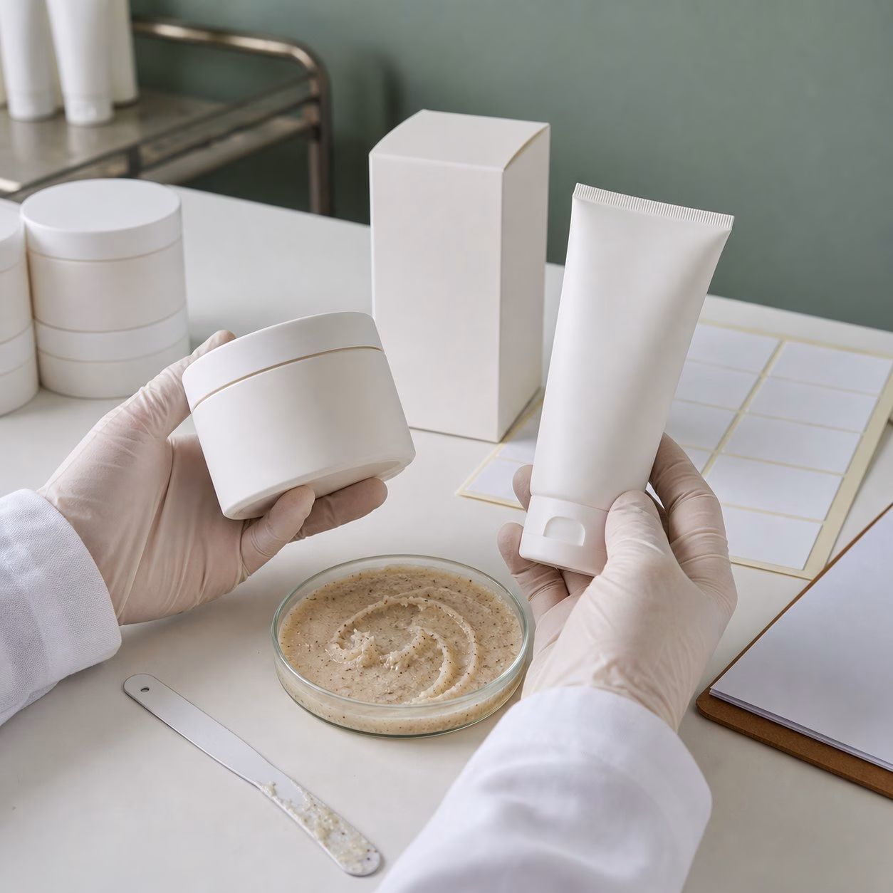 Factory QC sample review for blank-label tan prep body scrub jar tube labels carton and scrub texture