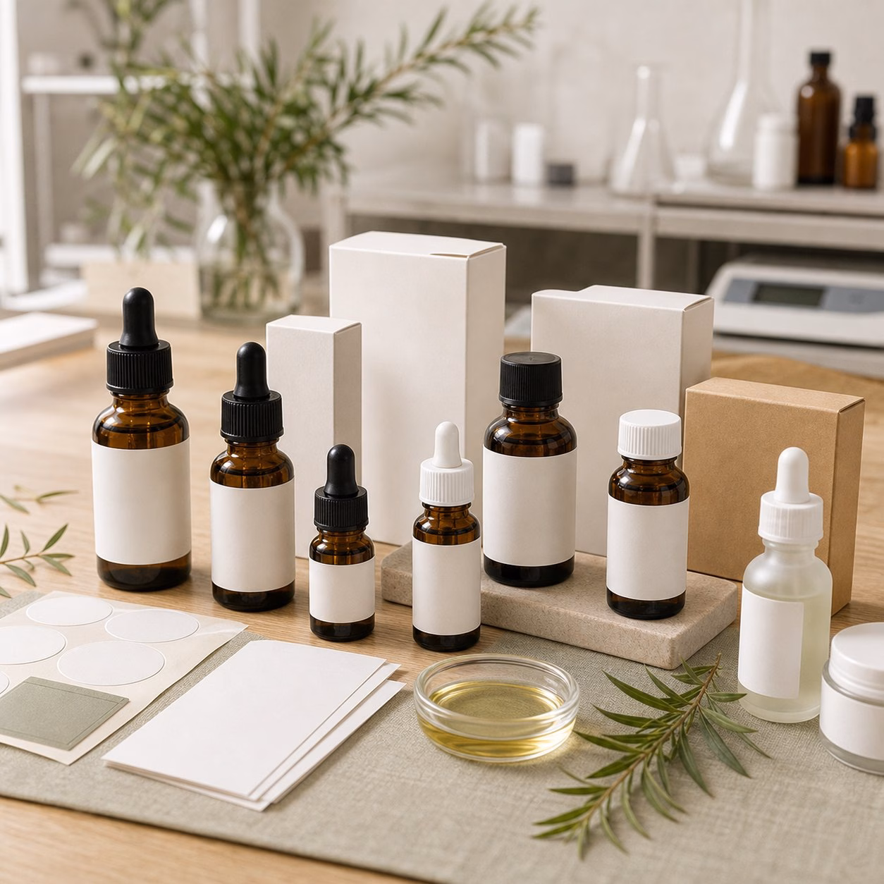 Private label tea tree essential oil packaging options with amber bottles blank cartons labels and oil texture sample