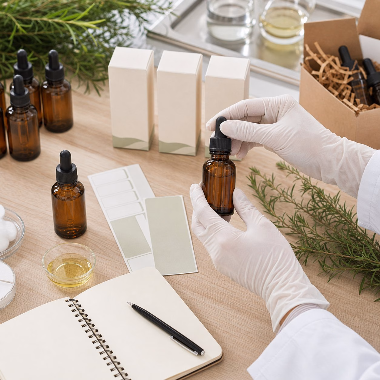 Gloved hand checking blank label tea tree essential oil sample bottle and carton on factory sample table