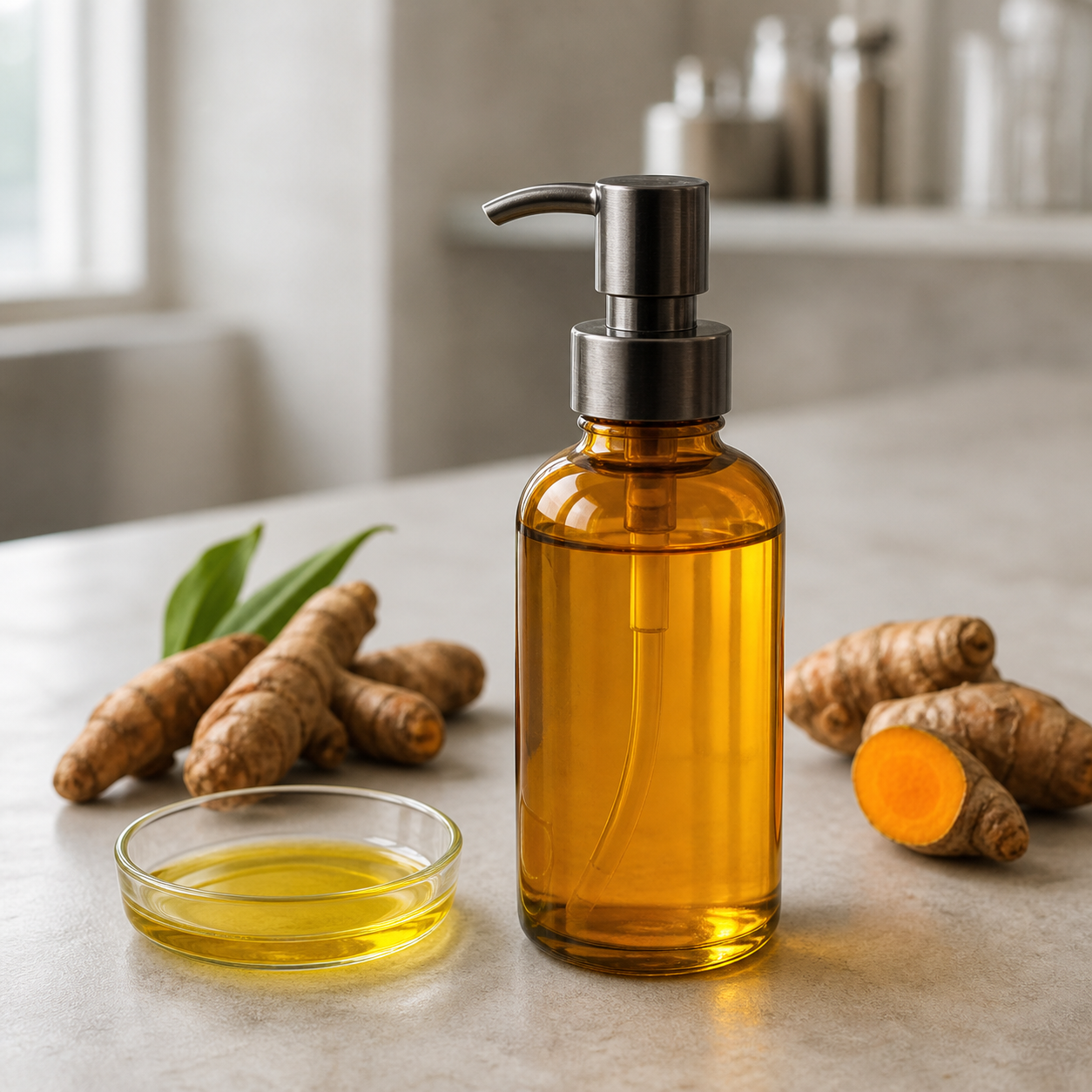 Blank amber turmeric massage body oil sample with natural turmeric on a GUOCUI factory sample table