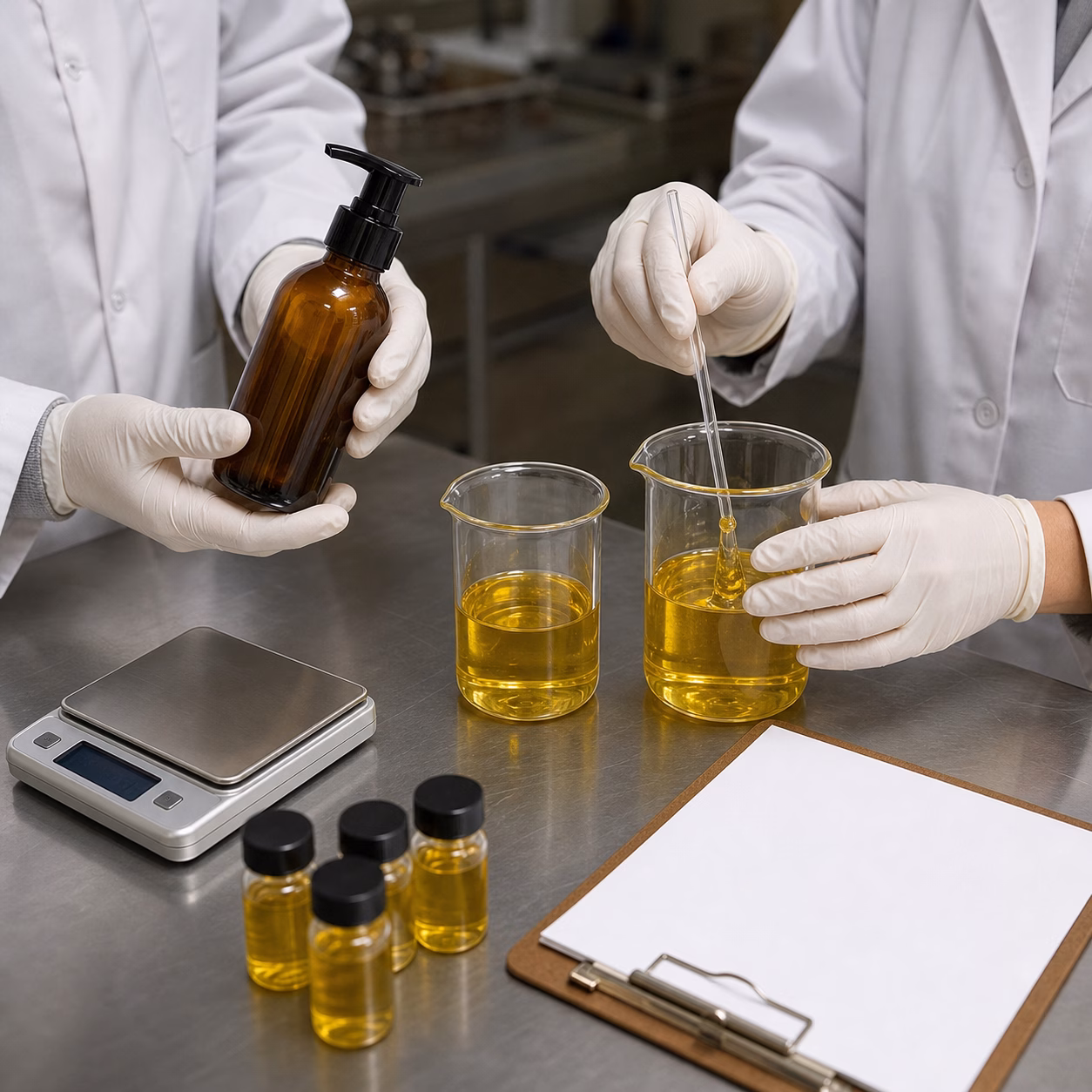 Gloved GUOCUI factory team comparing turmeric massage body oil viscosity and blank bottle samples during QC review