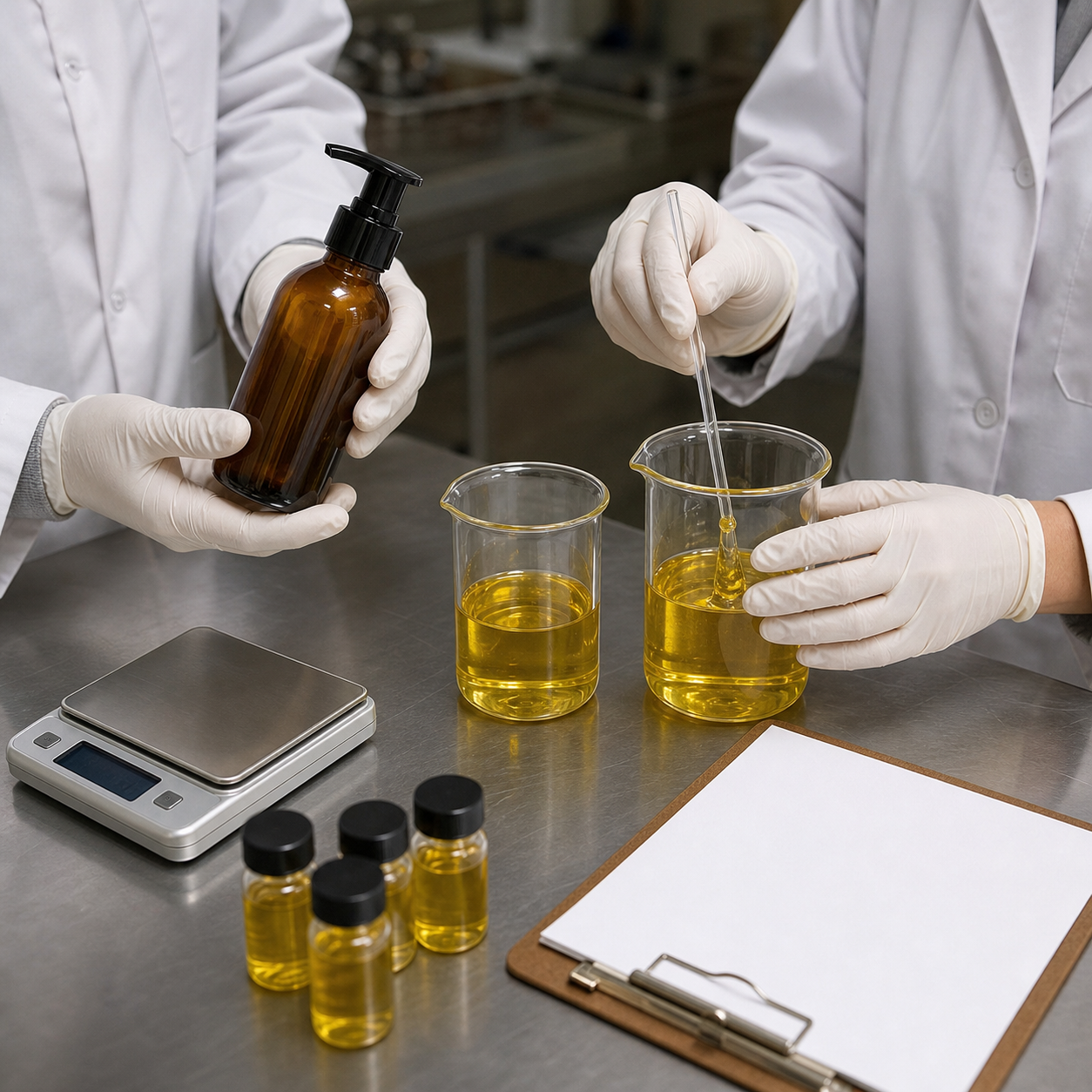 Gloved GUOCUI factory team comparing turmeric massage body oil viscosity and blank bottle samples during QC review