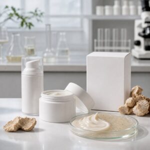 Private label white truffle dual-texture cream blank jar pump carton and cream gel texture sample on skincare lab table