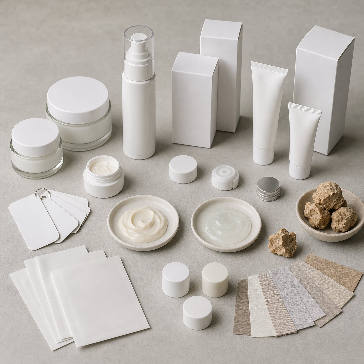 Custom white truffle dual-texture cream packaging options with blank jars tubes pump cartons label swatches and texture dishes