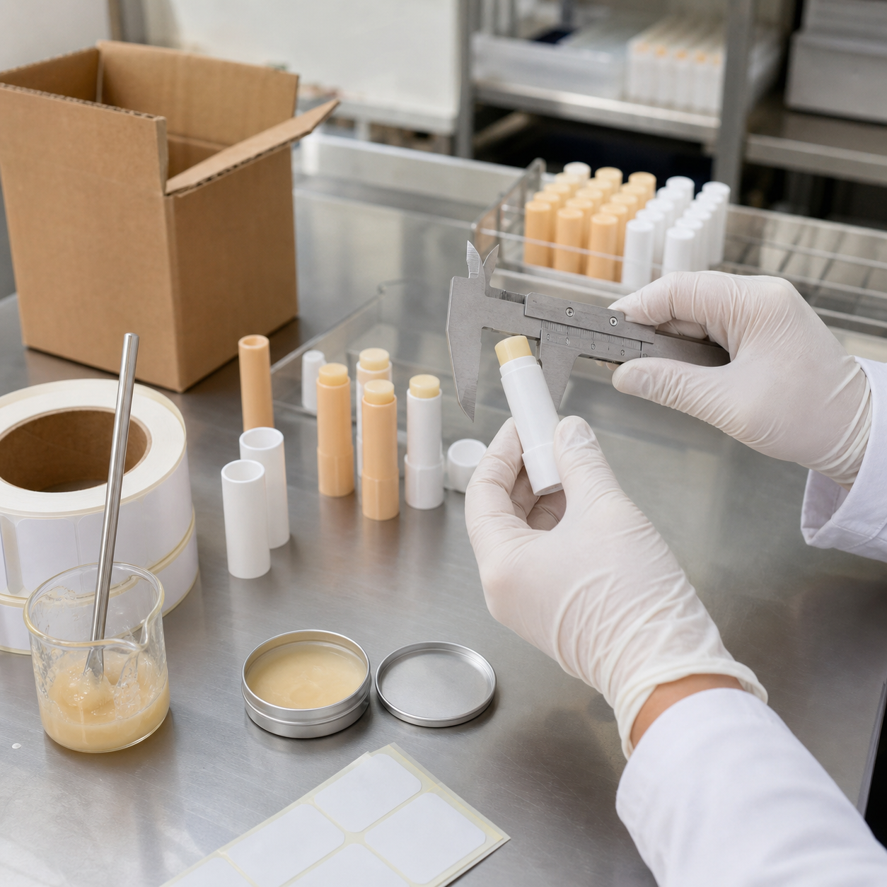 Gloved factory worker checking a blank lip balm tube and packaging components.