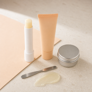 Blank tube and tin samples for a private label yellow peach lip care balm project.