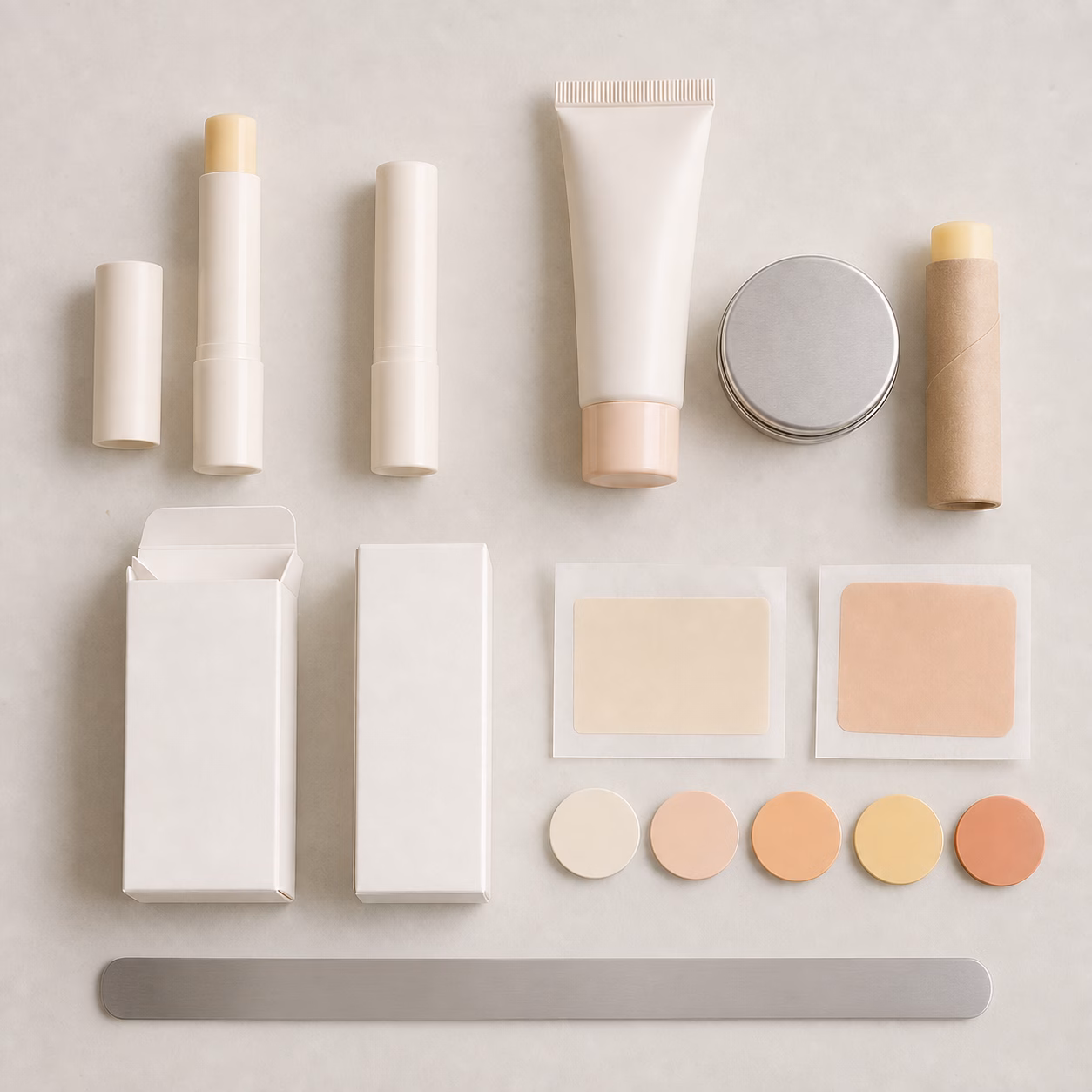 Blank lip balm tubes, tin, cartons, labels, and color options on a packaging review table.