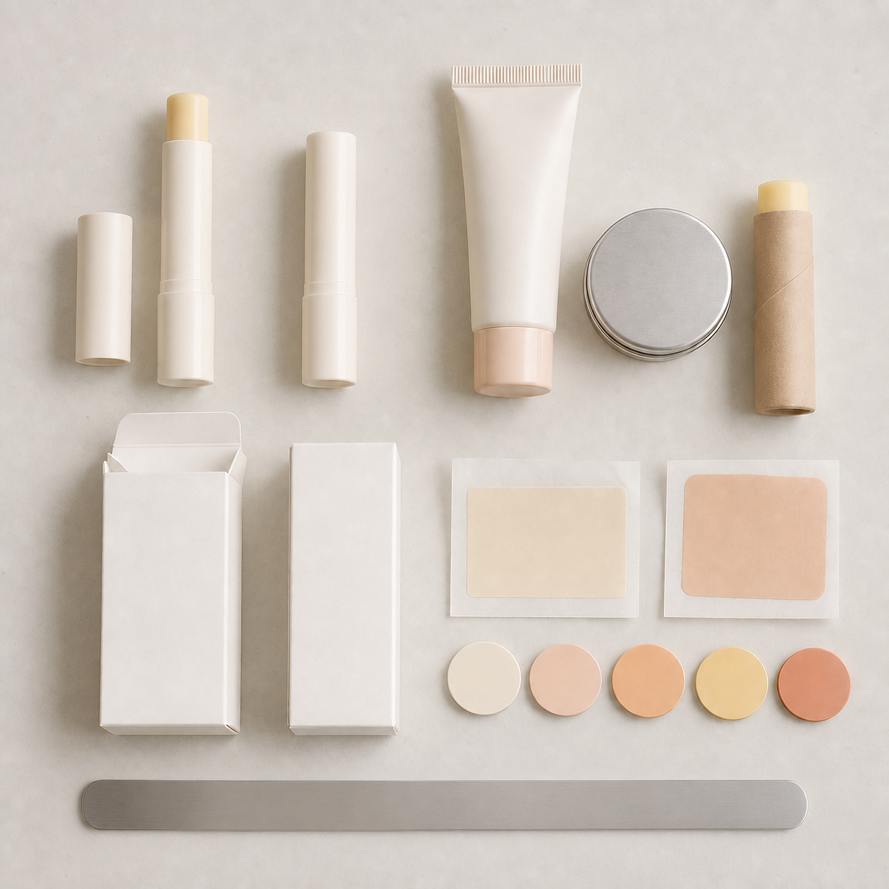 Blank lip balm tubes, tin, cartons, labels, and color options on a packaging review table.
