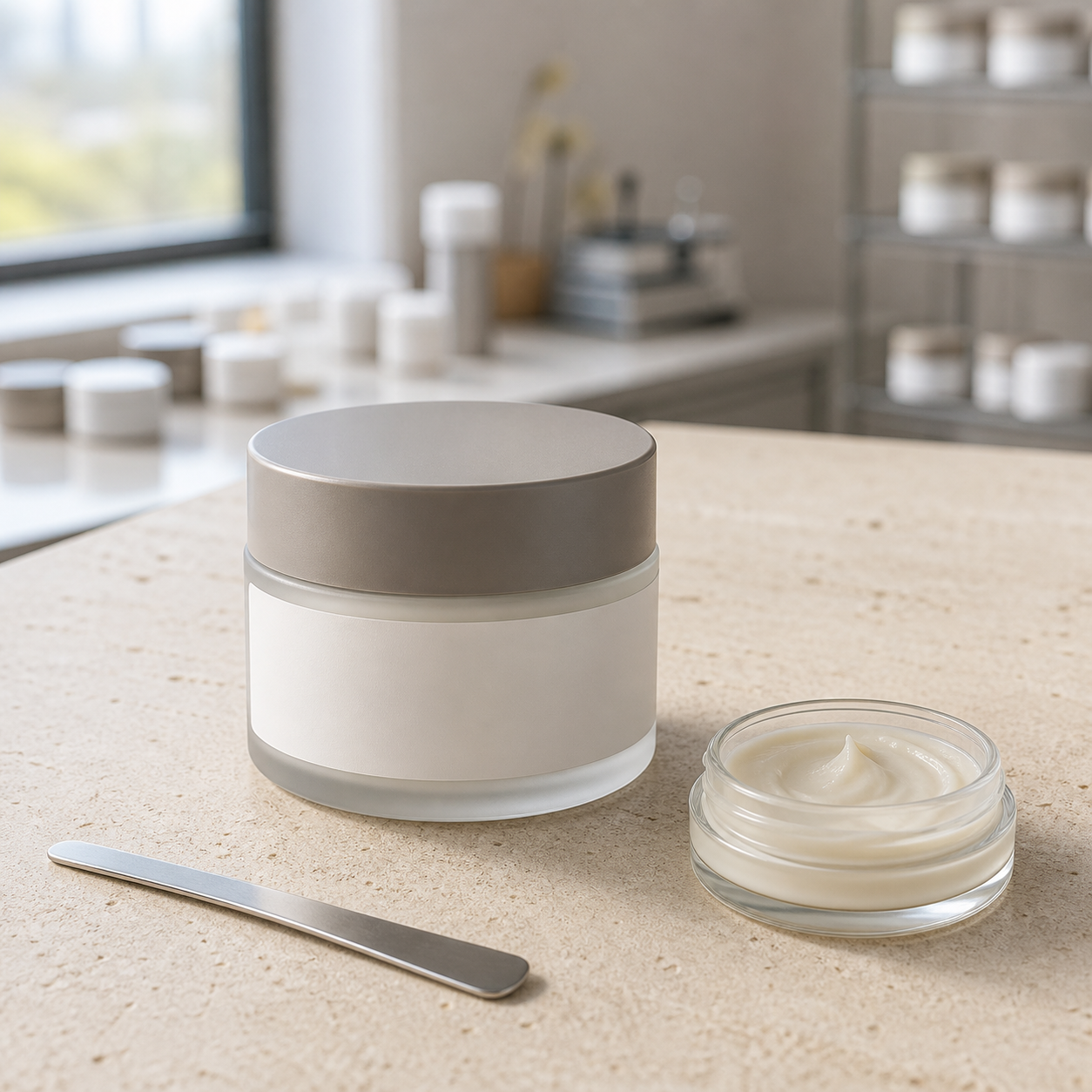 Unbranded pre-makeup moisturizer cream sample on a GUOCUI factory sample table