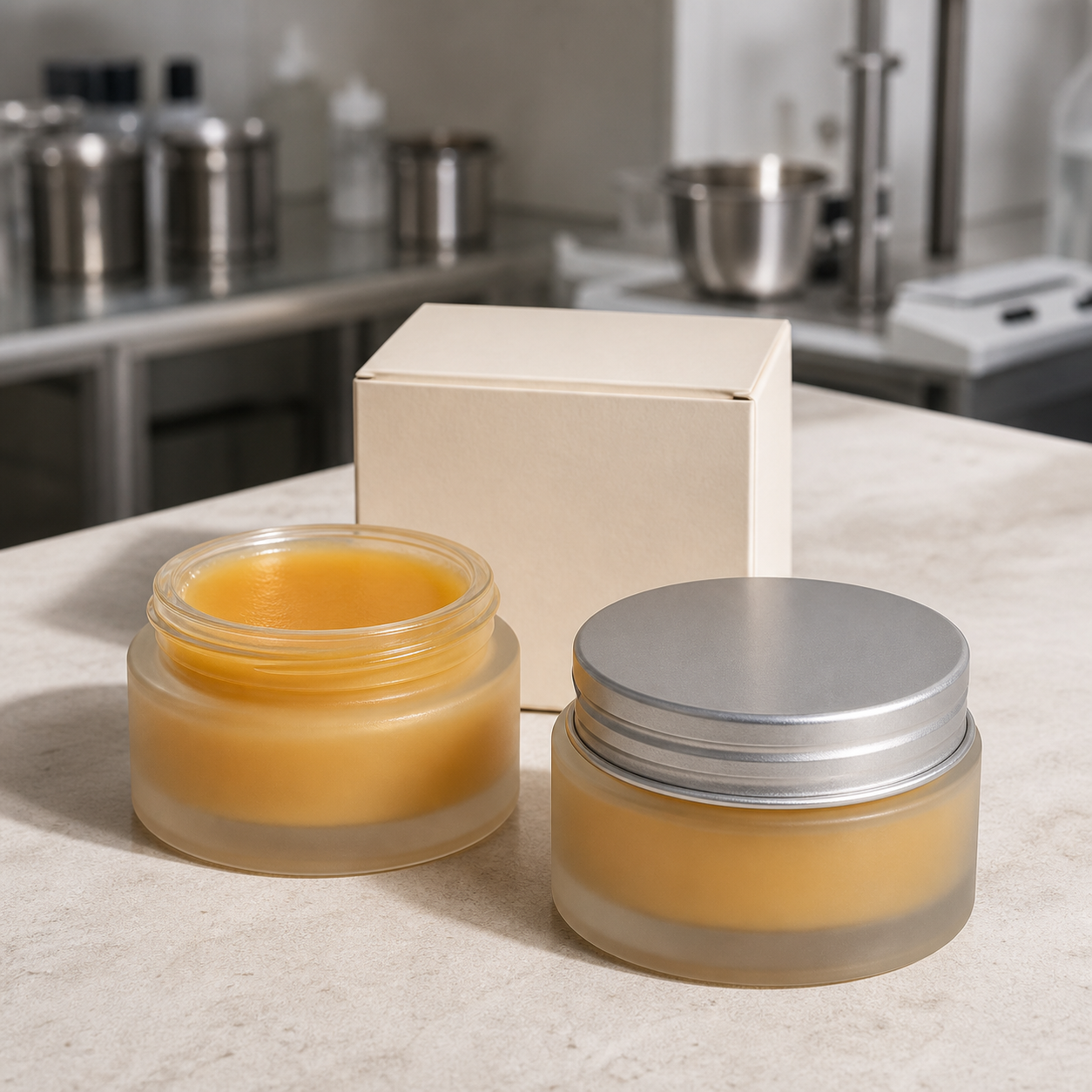 Blank open and closed jars with warm amber multi-zone cosmetic balm on a factory sample table