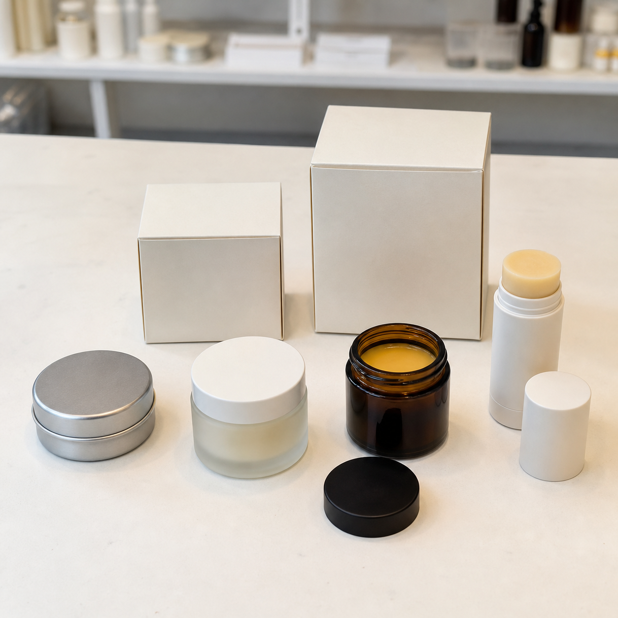 Blank tin jar amber glass jar twist-up stick and carton options for a custom cosmetic balm