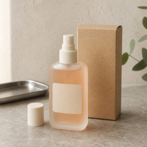 Blank pale apricot fine-mist toner bottle and kraft carton on a clean sample table
