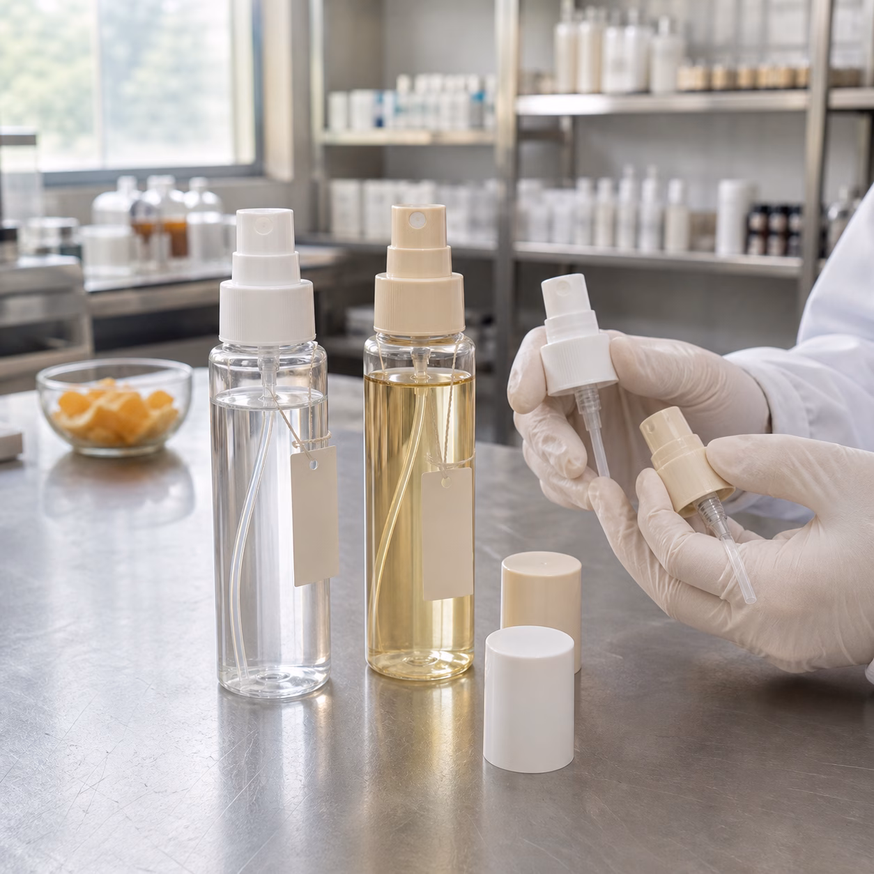 GUOCUI sample table comparing blank cylindrical body mist bottles and fine-mist pumps