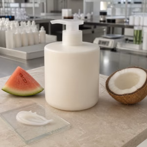 Unbranded large-format body lotion pump sample with coconut and watermelon ingredient-direction props on a cosmetic factory table