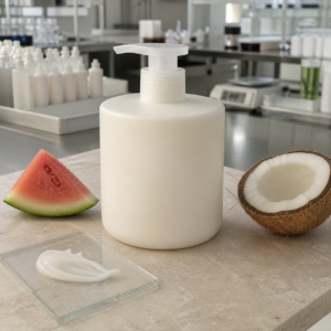 Unbranded large-format body lotion pump sample with coconut and watermelon ingredient-direction props on a cosmetic factory table