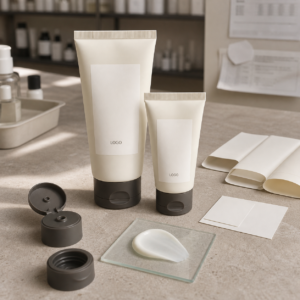Private label fragrance-free hand cream full-size and mini tube samples on a cosmetics factory sample table